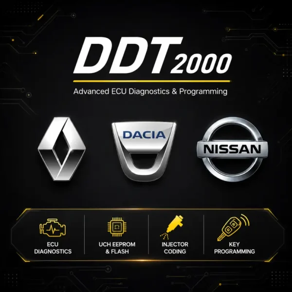 DDT2000 ECU diagnostic and programming software for Renault, Dacia, and Nissan vehicles with UCH EEPROM and FLASH access, injector coding, and key programming functions.