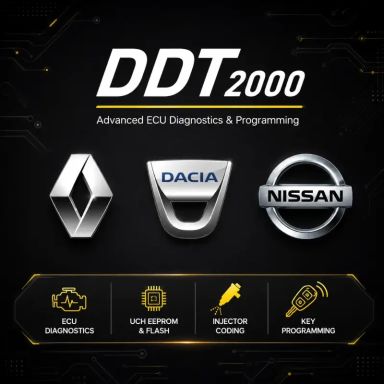 DDT2000 ECU diagnostic and programming software for Renault, Dacia, and Nissan vehicles with UCH EEPROM and FLASH access, injector coding, and key programming functions.