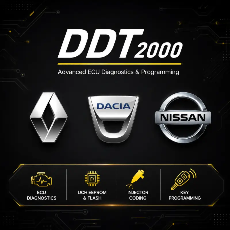 DDT2000 ECU diagnostic and programming software for Renault, Dacia, and Nissan vehicles with UCH EEPROM and FLASH access, injector coding, and key programming functions.