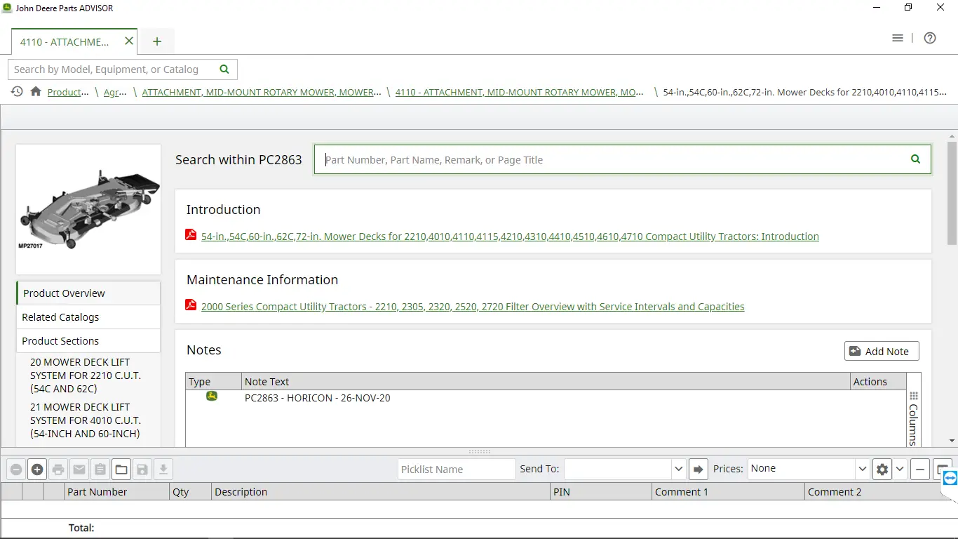 John Deere Parts Advisor interface displaying PC2863 mower deck catalog with parts search, product overview, and maintenance documentation for 54-inch, 60-inch and 72-inch mower decks