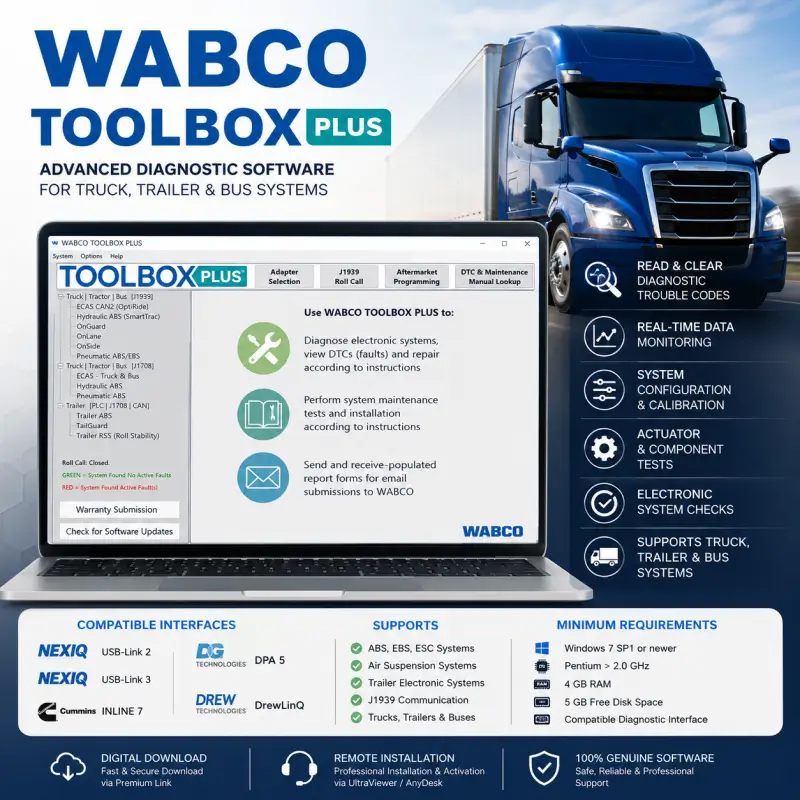 WABCO TOOLBOX PLUS diagnostic software for truck, trailer, and bus systems with DTC diagnostics, real-time data, calibration, compatible interfaces, and included remote installation.
