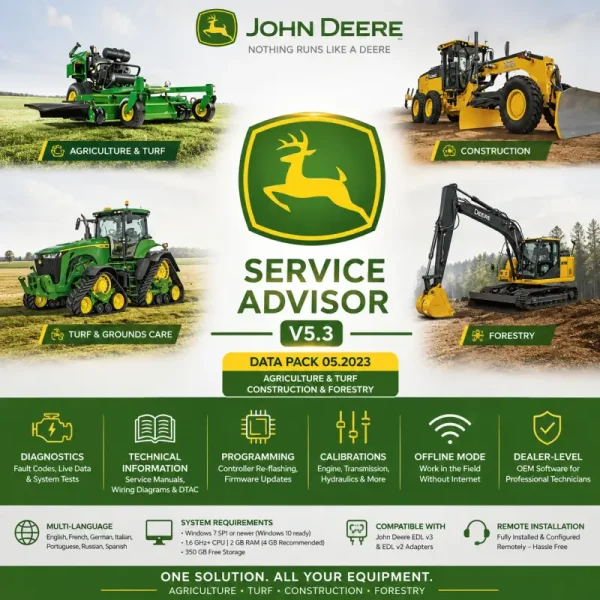 John Deere Service Advisor v5.3 diagnostic and programming software for Agriculture, Turf, Construction, and Forestry equipment with 05.2023 data pack, technical manuals, calibrations, offline diagnostics, and EDL adapter compatibility.