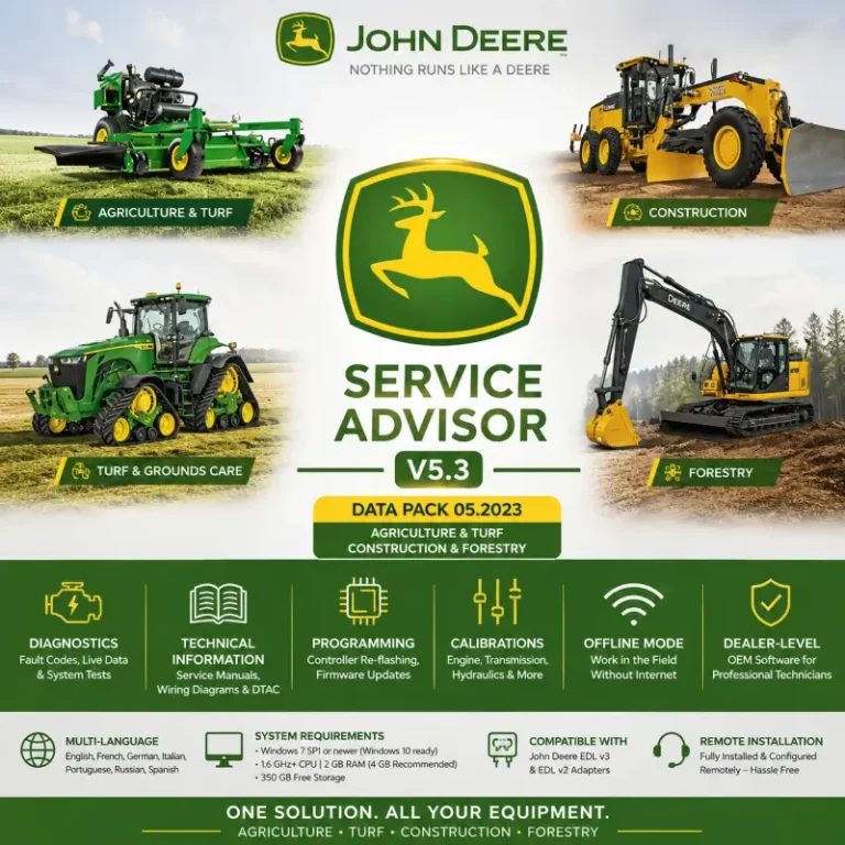 John Deere Service Advisor v5.3 diagnostic and programming software for Agriculture, Turf, Construction, and Forestry equipment with 05.2023 data pack, technical manuals, calibrations, offline diagnostics, and EDL adapter compatibility.