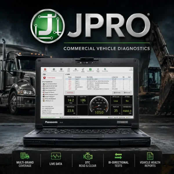 JPRO commercial vehicle diagnostic software displayed on a Panasonic Toughbook with multi-brand truck diagnostics, live data, DTC reading and clearing, bi-directional tests, and vehicle health reporting.
