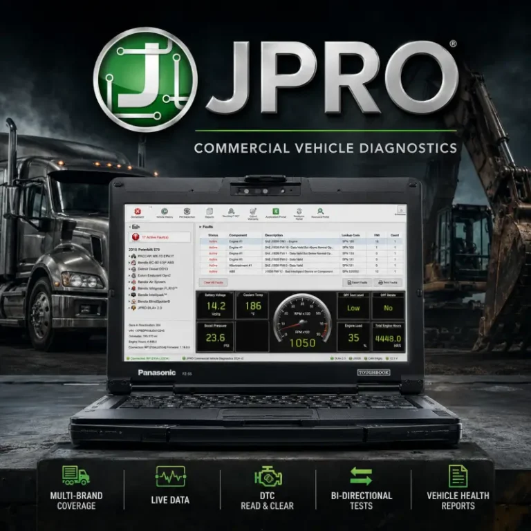 JPRO commercial vehicle diagnostic software displayed on a Panasonic Toughbook with multi-brand truck diagnostics, live data, DTC reading and clearing, bi-directional tests, and vehicle health reporting.