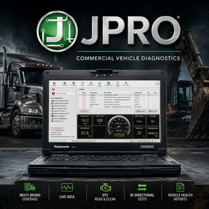 JPRO commercial vehicle diagnostic software displayed on a Panasonic Toughbook with multi-brand truck diagnostics, live data, DTC reading and clearing, bi-directional tests, and vehicle health reporting.