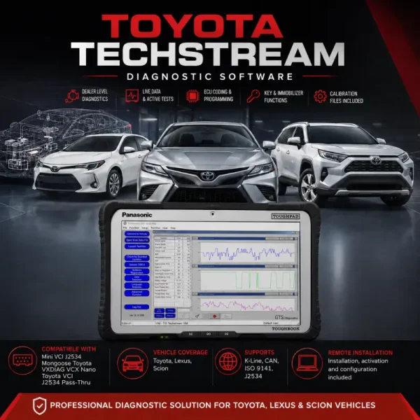 Toyota Techstream diagnostic software displayed on a Panasonic Toughpad with Toyota, Lexus, and Scion vehicle coverage, ECU coding, live data, key programming, calibration files, and included remote installation.