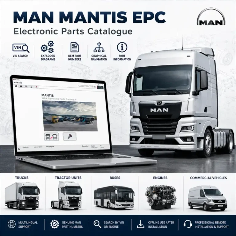 MAN MANTIS EPC electronic parts catalog with MAN truck, software interface, VIN search, exploded diagrams, OEM part numbers, vehicle coverage, and remote installation support.