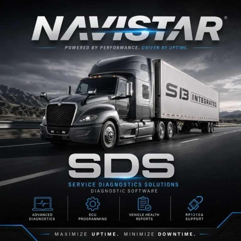Navistar SDS Service Diagnostics Solutions software for International trucks with advanced diagnostics, ECU programming, vehicle health reports, RP1210A support, and S13 integrated powertrain coverage.