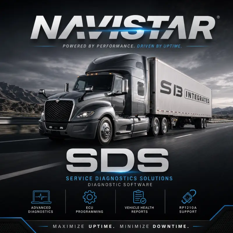 Navistar SDS Service Diagnostics Solutions software for International trucks with advanced diagnostics, ECU programming, vehicle health reports, RP1210A support, and S13 integrated powertrain coverage.