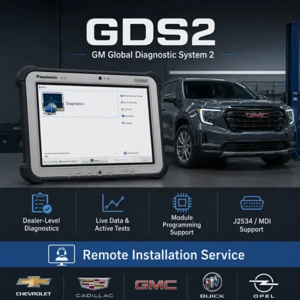 Professional GM GDS2 Global Diagnostic System 2 promotional image featuring a Panasonic Toughpad displaying the GDS2 diagnostics interface, a GMC vehicle in a workshop background, and support for Chevrolet, Cadillac, GMC, Buick, and Opel remote installation service.