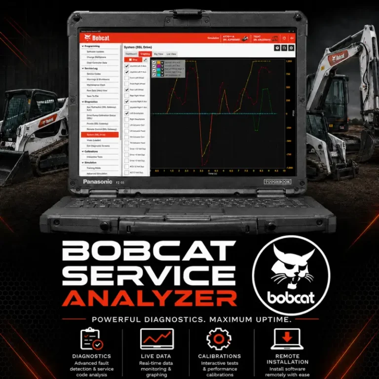 Bobcat Service Analyzer diagnostic software displayed on a Panasonic Toughbook with live data graphing, calibrations, fault diagnostics, Bobcat loader and excavator coverage, and remote installation support.