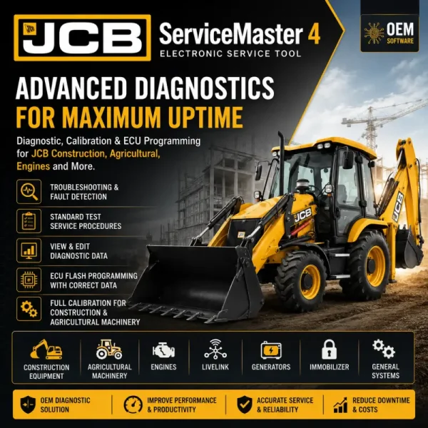 JCB ServiceMaster 4 diagnostic and ECU programming software for JCB construction and agricultural machinery, engines, LiveLink systems, generators, calibrations, and fault troubleshooting.