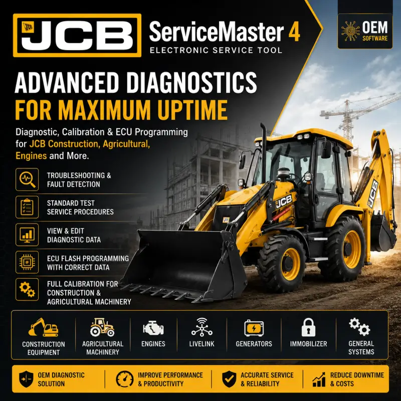 JCB ServiceMaster 4 diagnostic and ECU programming software for JCB construction and agricultural machinery, engines, LiveLink systems, generators, calibrations, and fault troubleshooting.