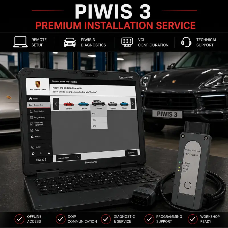 Panasonic Toughbook running Porsche PIWIS 3 diagnostic software with Porsche PIWIS Tester III interface in a professional workshop environment featuring a Porsche Cayenne service bay