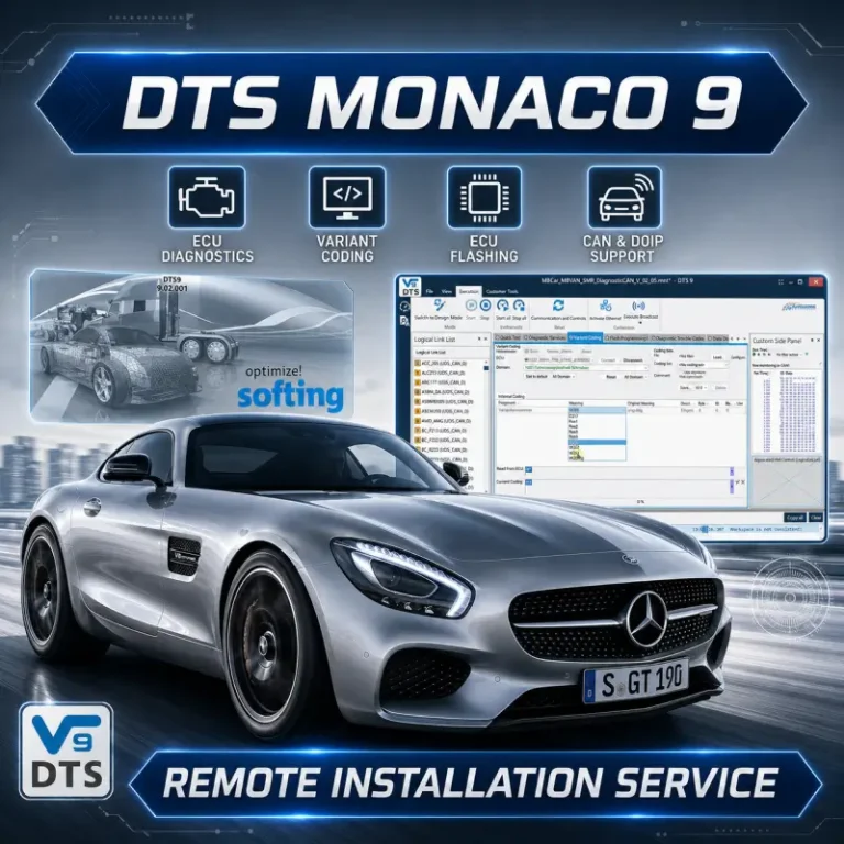 DTS Monaco 9 remote installation service for Mercedes-Benz ECU diagnostics, variant coding, flashing, CAN and DoIP communication, with Monaco interface and engineering project setup.