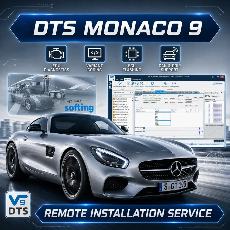 DTS Monaco 9 remote installation service for Mercedes-Benz ECU diagnostics, variant coding, flashing, CAN and DoIP communication, with Monaco interface and engineering project setup.