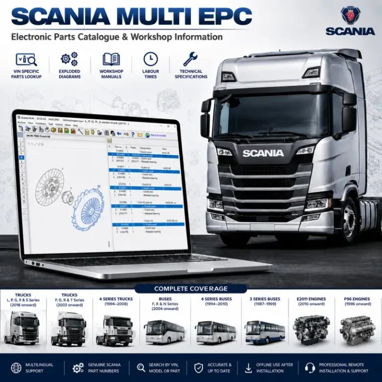 Scania Multi EPC electronic parts catalog and workshop information software with VIN parts lookup, exploded diagrams, repair manuals, labour times, and Scania truck and engine coverage.