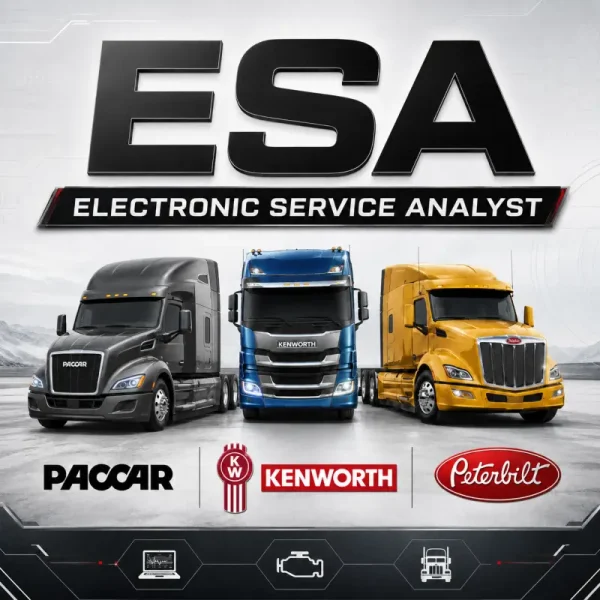 PACCAR ESA Electronic Service Analyst diagnostic software for PACCAR, Kenworth, and Peterbilt trucks with ECU diagnostics, programming, firmware updates, and parameter configuration support.