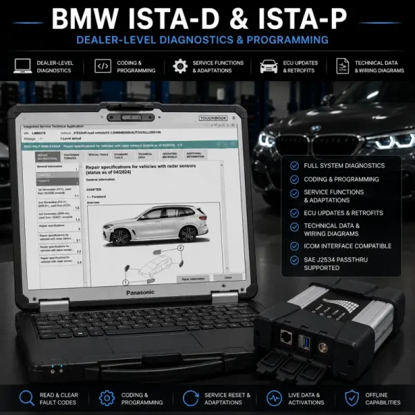 BMW ISTA-D and ISTA-P dealer-level diagnostic software displayed on a Panasonic Toughbook with BMW ICOM Next interface in a professional workshop environment, supporting diagnostics, coding, ECU programming, service functions, and vehicle retrofits for BMW, MINI, and Rolls-Royce vehicles.