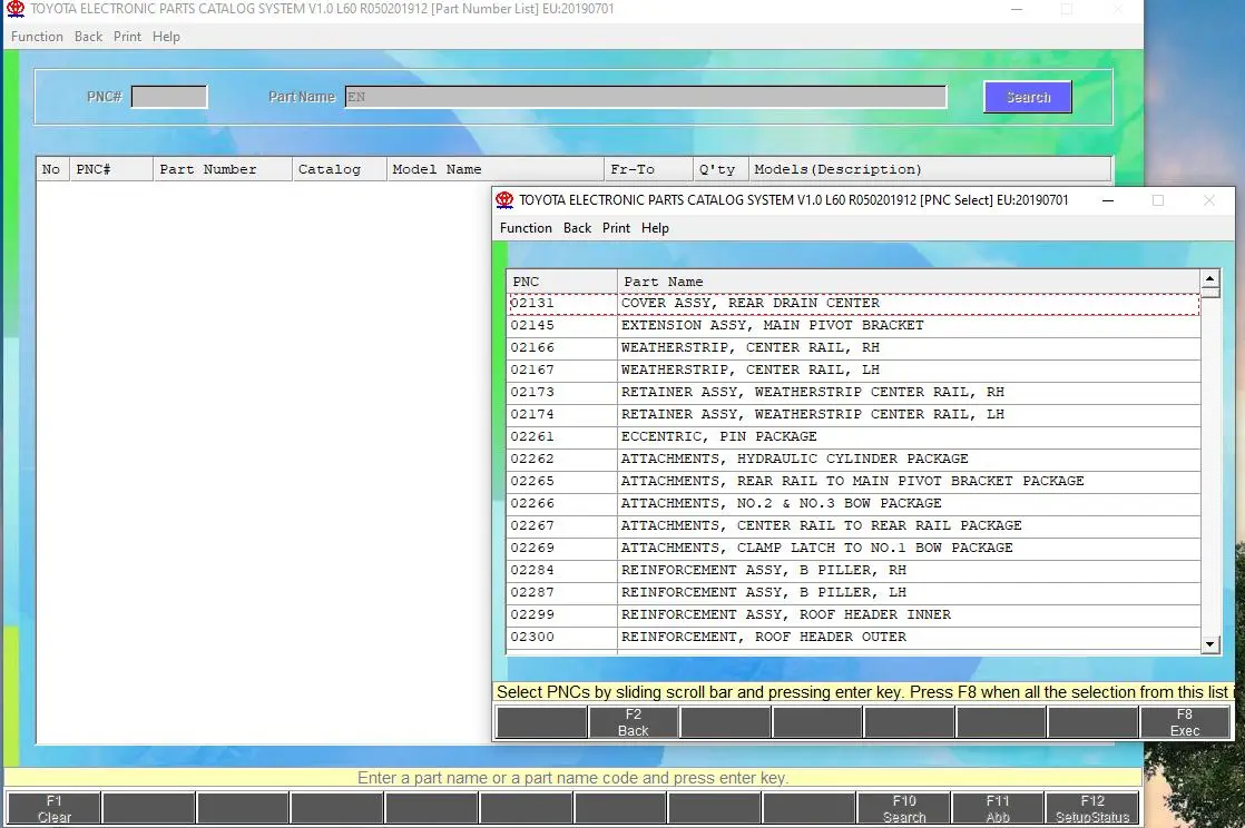 Toyota Electronic Parts Catalog (EPC) software displaying the Part Number List (PNC) search interface with detailed component listings for Toyota and Lexus vehicles, allowing users to locate OEM parts by PNC code, part name, model compatibility, and catalog information.
