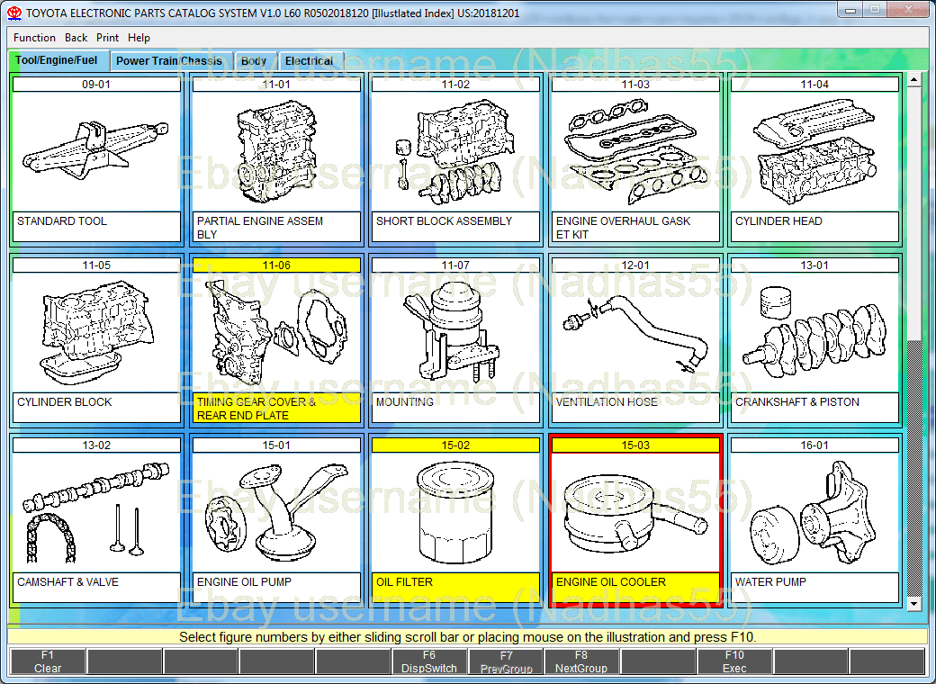 Toyota Electronic Parts Catalog (EPC) illustrated index displaying OEM engine component categories, including cylinder head, engine block, timing cover, crankshaft, camshaft, oil pump, oil filter, oil cooler, water pump, and other engine assemblies for Toyota and Lexus vehicles.