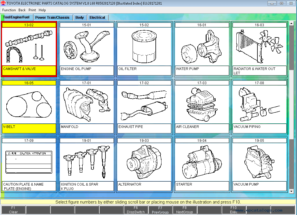 Toyota Electronic Parts Catalog (EPC) illustrated engine components index displaying OEM parts categories including camshaft and valves, engine oil pump, oil filter, water pump, radiator, V-belt, intake manifold, exhaust pipe, air cleaner, ignition coils, alternator, starter motor, vacuum pump, and engine vacuum piping for Toyota and Lexus vehicles.