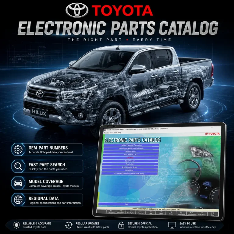 Toyota electronic parts catalog with transparent Toyota Hilux cutaway, OEM part numbers, regional data, model coverage, and parts search interface.