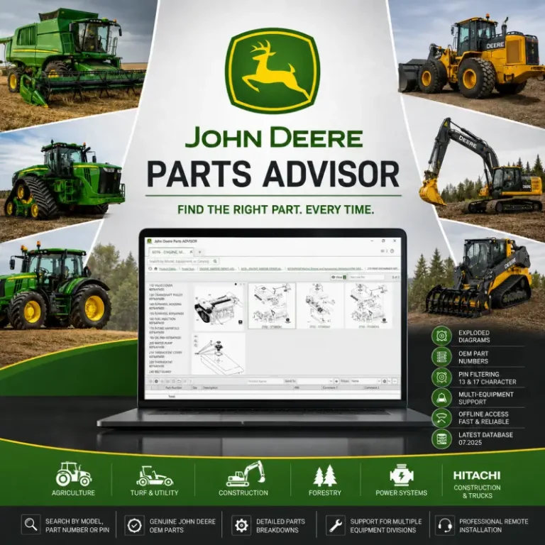 John Deere Parts Advisor software promotional image featuring agricultural, construction, forestry, and power-system equipment with the Parts Advisor interface displayed on a laptop screen for OEM parts lookup and exploded diagrams.