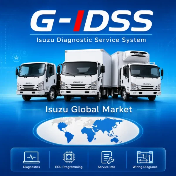 Alt Text: Isuzu G-IDSS diagnostic and ECU programming software for global-market Isuzu trucks with service information, wiring diagrams, diagnostics, and J2534 interface support.
