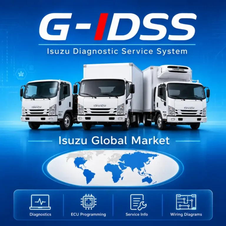 Alt Text: Isuzu G-IDSS diagnostic and ECU programming software for global-market Isuzu trucks with service information, wiring diagrams, diagnostics, and J2534 interface support.