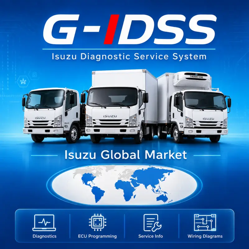 Alt Text: Isuzu G-IDSS diagnostic and ECU programming software for global-market Isuzu trucks with service information, wiring diagrams, diagnostics, and J2534 interface support.