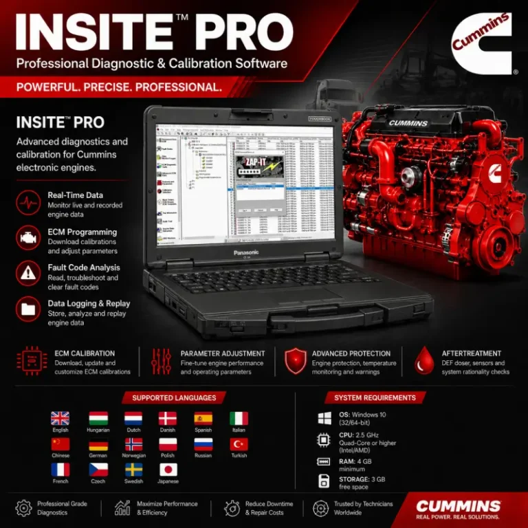 Cummins INSITE PRO diagnostic and ECM calibration software displayed on a Panasonic Toughbook with Cummins engine diagnostics, fault-code analysis, programming, parameter adjustment, and calibration functions.