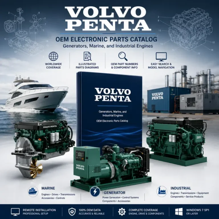 Volvo Penta OEM electronic parts catalog for marine engines, industrial engines, generators, drives, transmissions, accessories, and illustrated parts identification.