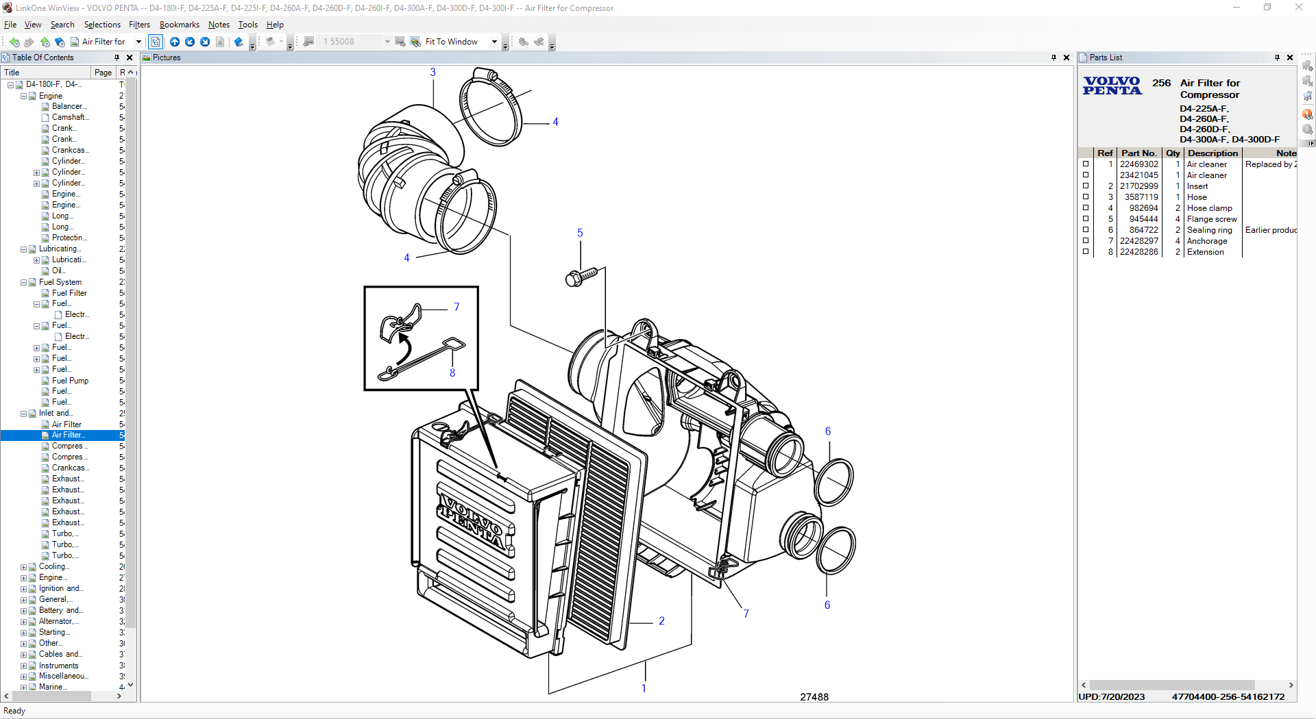 Volvo Penta OEM electronic parts catalog showing an exploded air filter assembly for the engine compressor on D4 marine and industrial diesel engines, including the air cleaner housing, filter element, intake hose, clamps, seals, and mounting components.