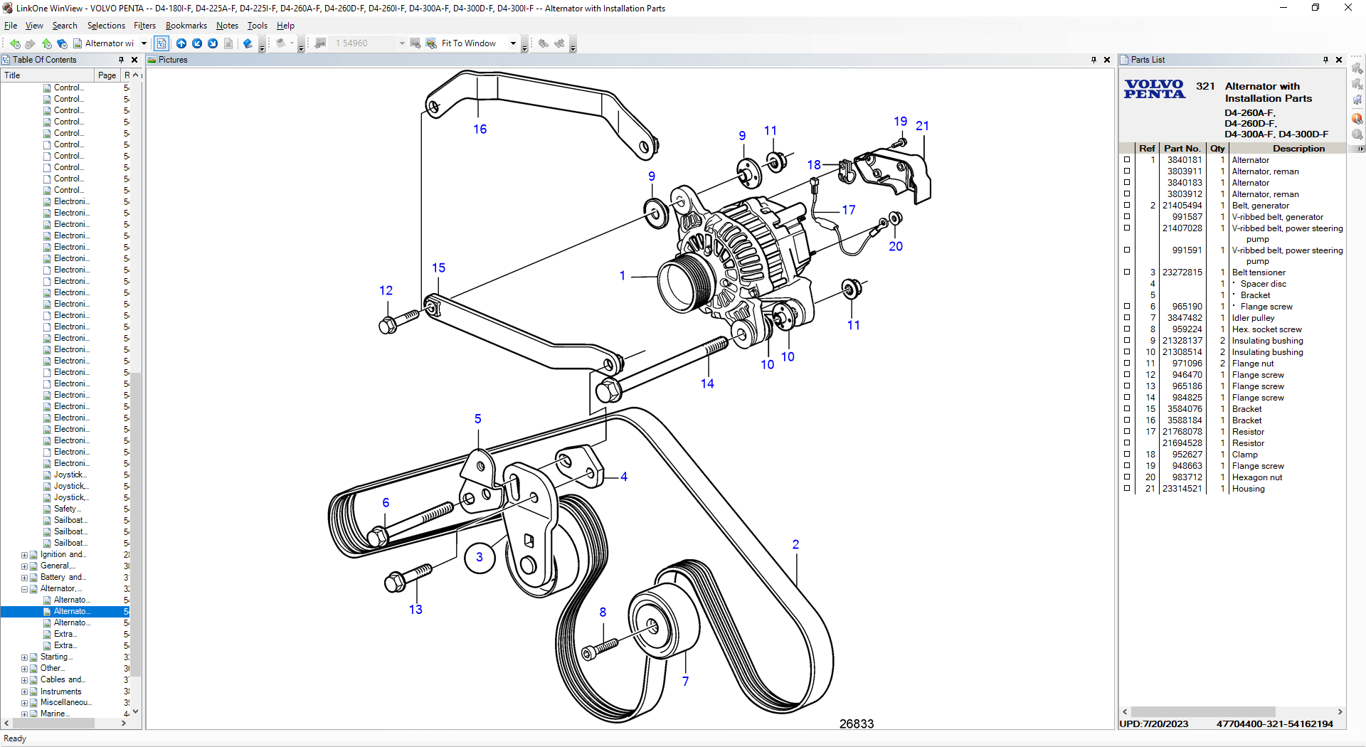 Volvo Penta OEM electronic parts catalog showing an exploded alternator assembly with installation parts for D4 marine and industrial diesel engines, including drive belt, tensioner, pulleys, brackets, mounting hardware, and electrical components.