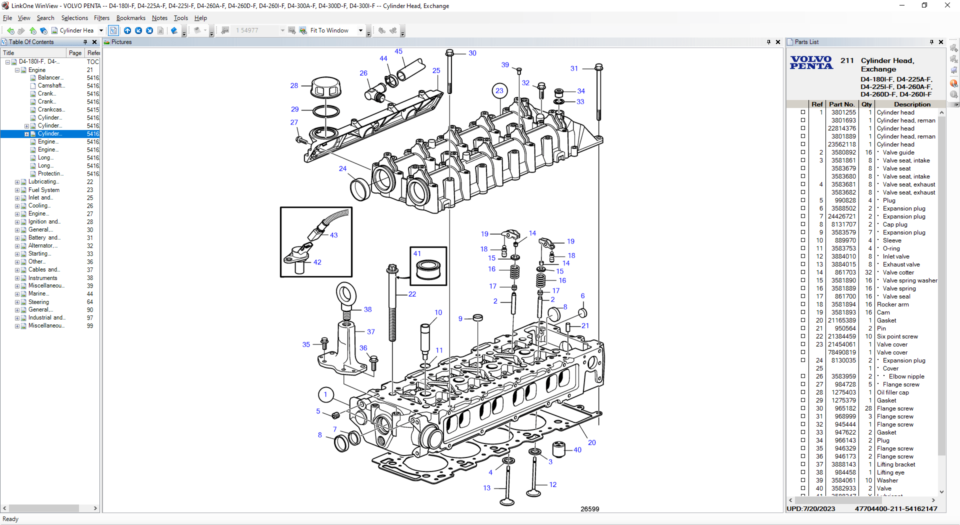 Volvo Penta OEM electronic parts catalog showing an exploded cylinder head assembly for D4 marine and industrial diesel engines, including valves, rocker arms, springs, gaskets, cylinder head components, and complete replacement part numbers.
