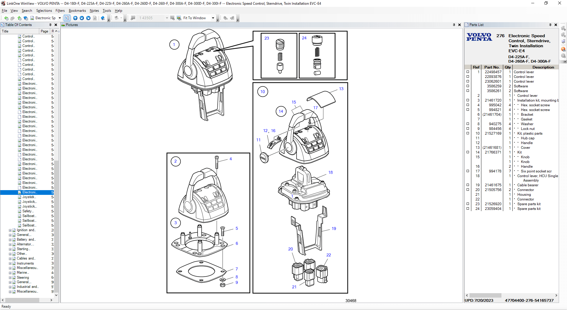 Volvo Penta OEM electronic parts catalog displaying the Electronic Speed Control (EVC-E4) sterndrive twin installation control lever with exploded assembly diagram, joystick components, connectors, mounting hardware, and replacement part numbers.