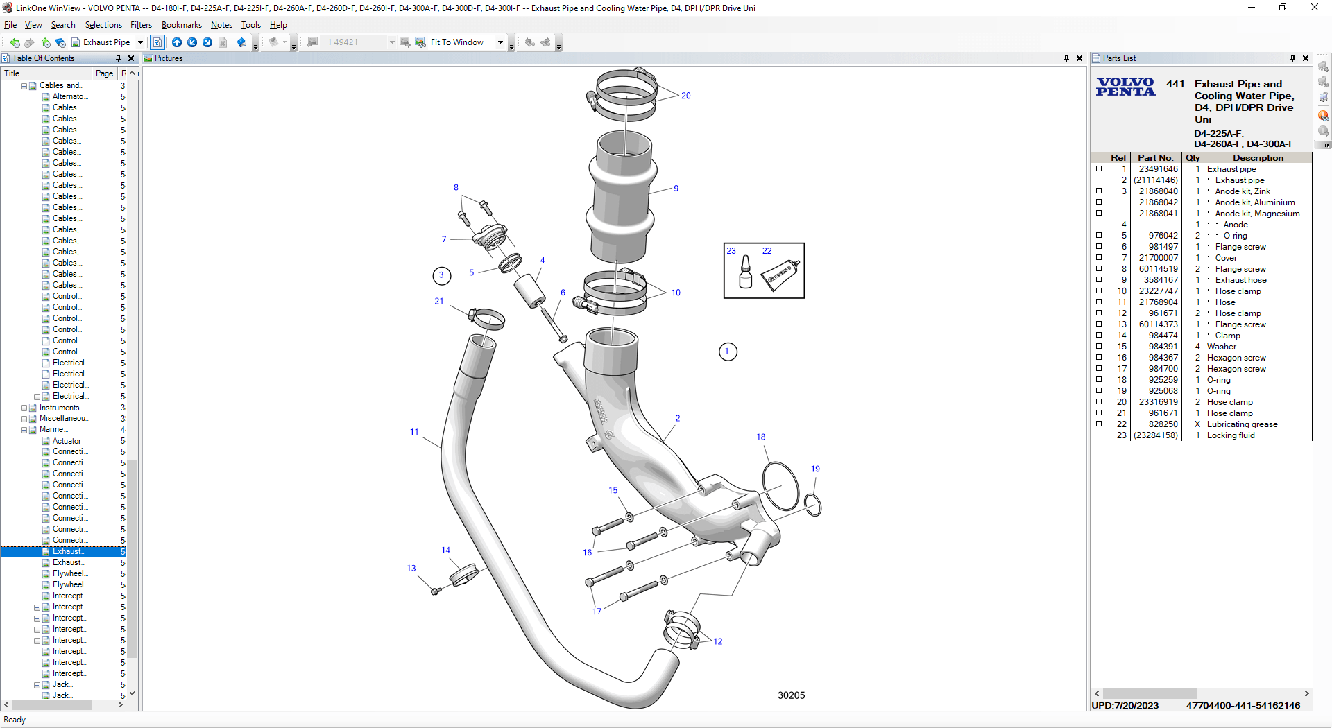 Volvo Penta OEM electronic parts catalog showing D4 exhaust pipe and cooling water pipe exploded view for DPH/DPR drive units, including exhaust hose, clamps, gaskets, anodes, mounting hardware, and complete parts identification