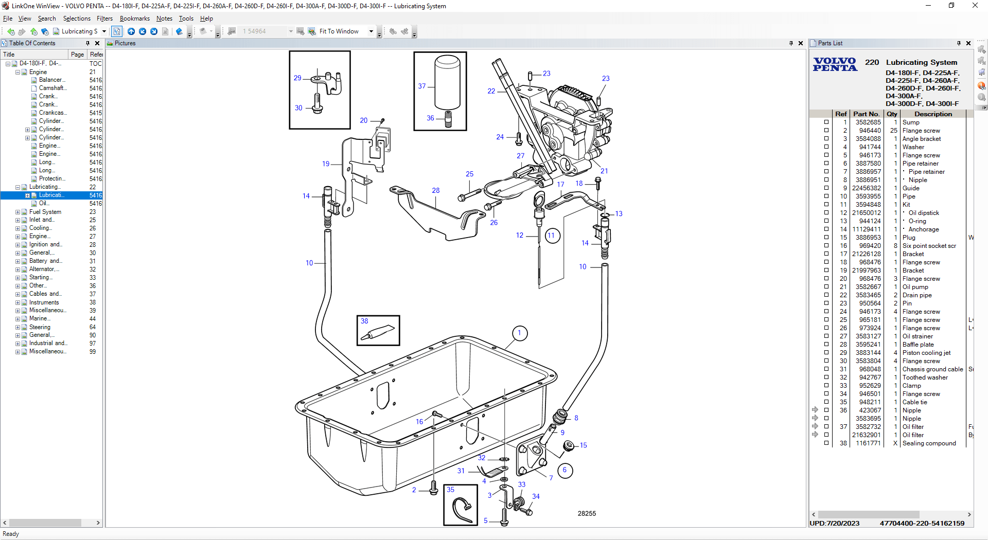 Volvo Penta OEM electronic parts catalog showing engine lubrication system exploded view with oil sump, oil pump, dipstick, oil filter, drain pipe, mounting hardware, and complete parts identification for marine and industrial engines
