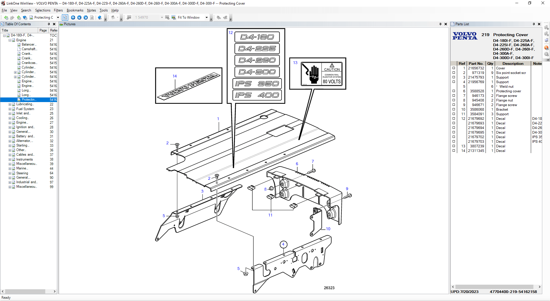 Volvo Penta OEM electronic parts catalog displaying engine protecting cover exploded view, component identification, part numbers, decals, mounting hardware, and marine and industrial engine parts list