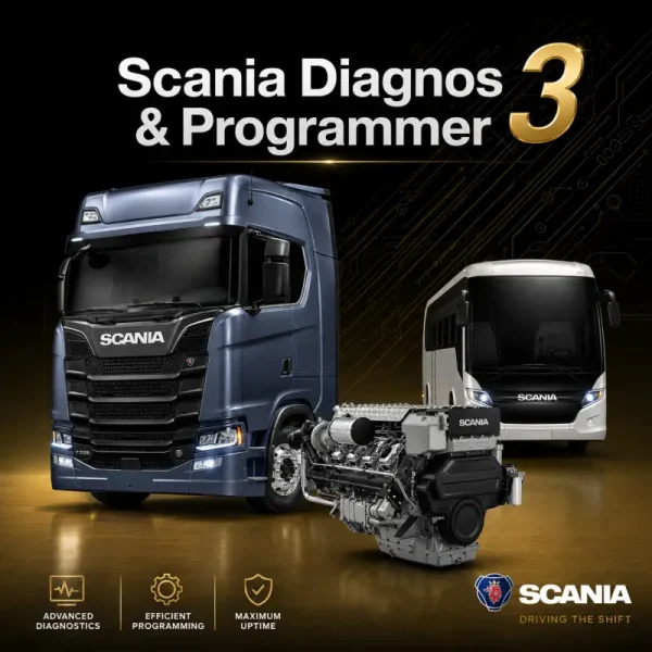 Scania SDP3 diagnostic and programming software for Scania trucks, buses, and engines, supporting advanced diagnostics, ECU programming, parameter configuration, calibrations, and VCI communication.