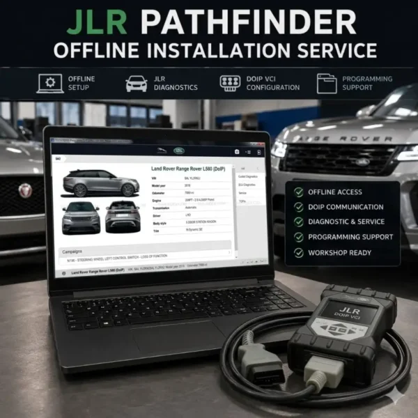 JLR Pathfinder offline installation service setup featuring diagnostic software on a laptop and a DoIP VCI interface tool in a Jaguar Land Rover workshop