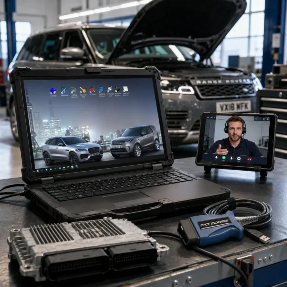Range Rover L405 remote ECU coding and programming setup with rugged diagnostic laptop, Mongoose VCI interface, ECU module and online technician support in a professional workshop